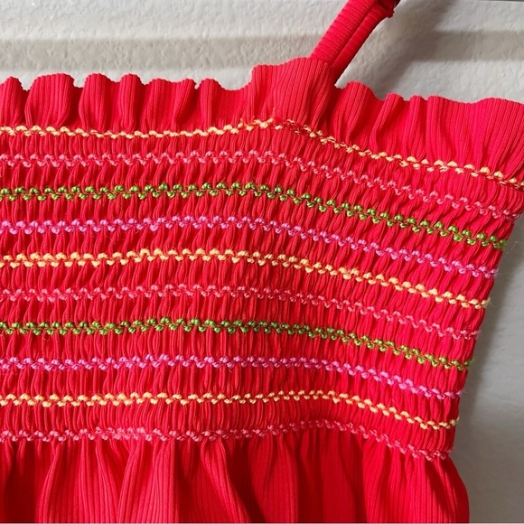 Maaij Camelia Fiesta Red Ruffled Smocked Crop Bikini Top Size 12 Swim Beach - Picture 5 of 11